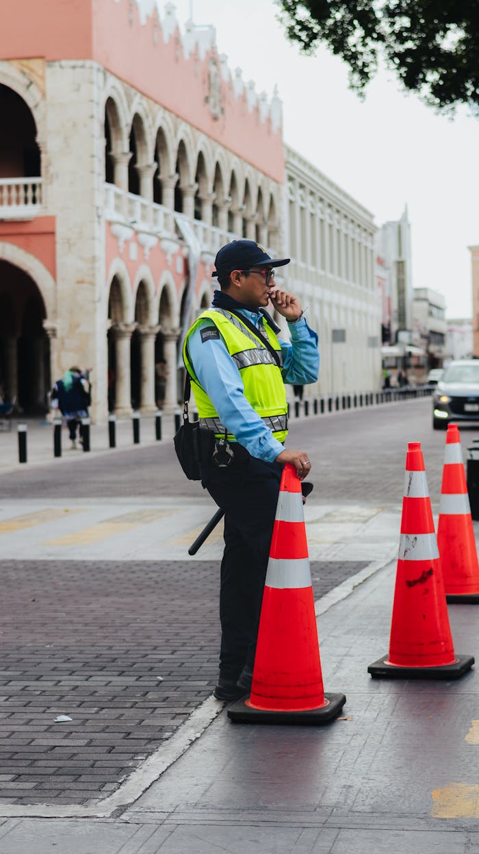 A traffic officer in safety vest manages traffic with orange cones on a city street.